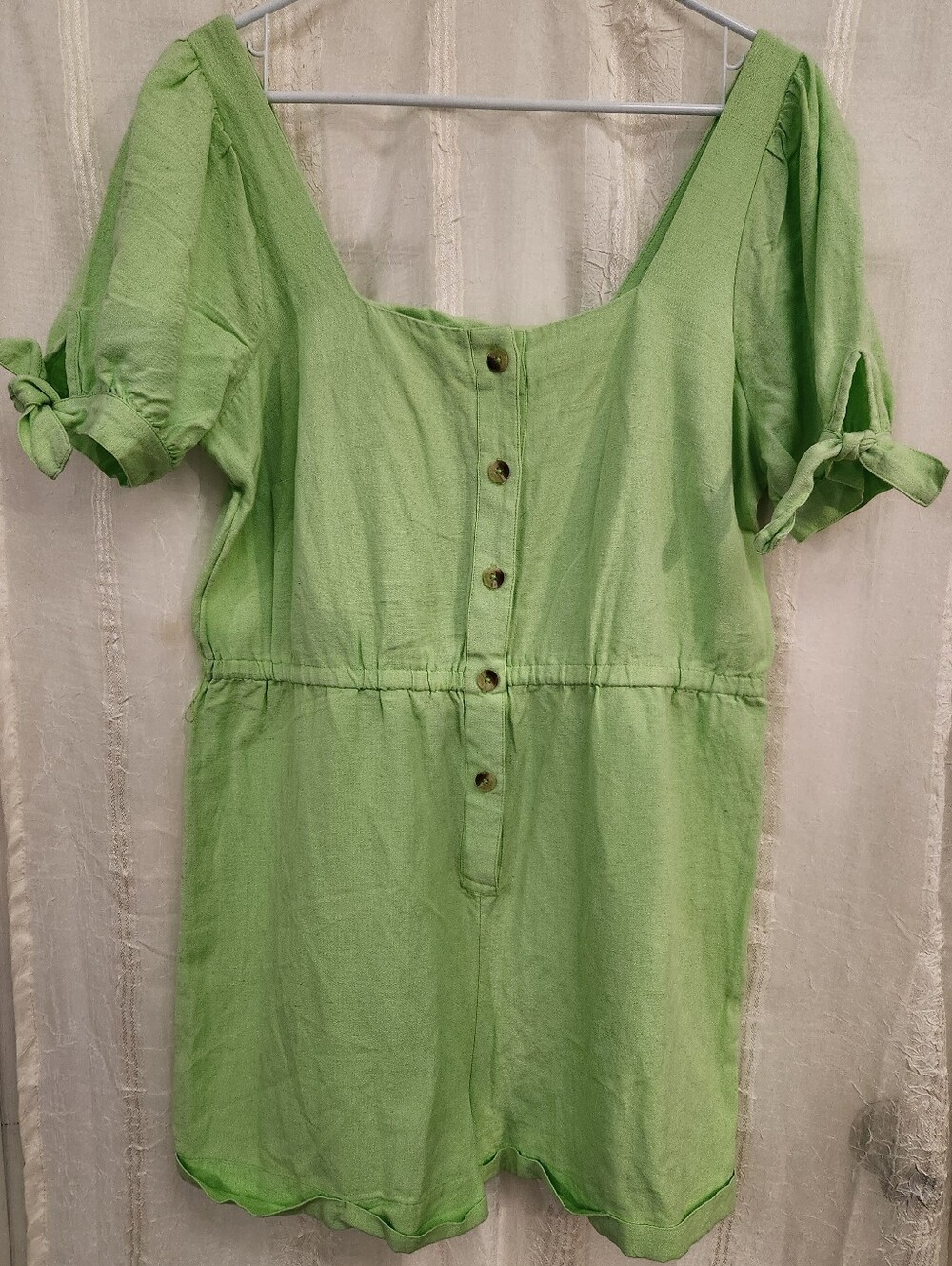 Women's Light Green Button Front Romper With Cute Sleeves